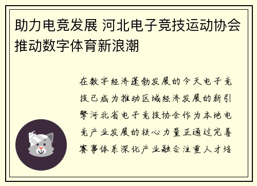 助力电竞发展 河北电子竞技运动协会推动数字体育新浪潮
