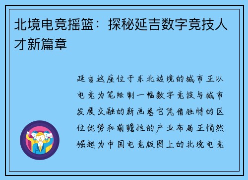 北境电竞摇篮：探秘延吉数字竞技人才新篇章
